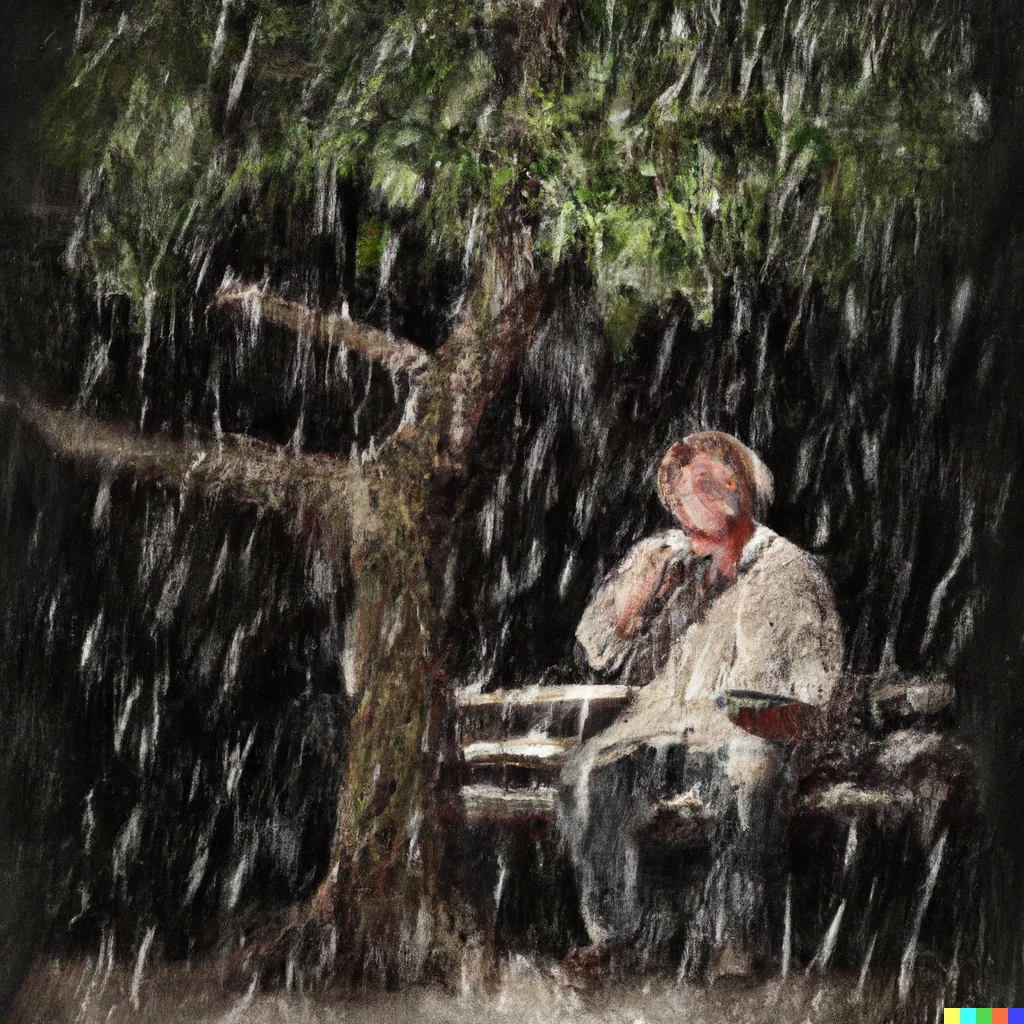 Prompt: a tree under a heavy rain while an old man sing a song
