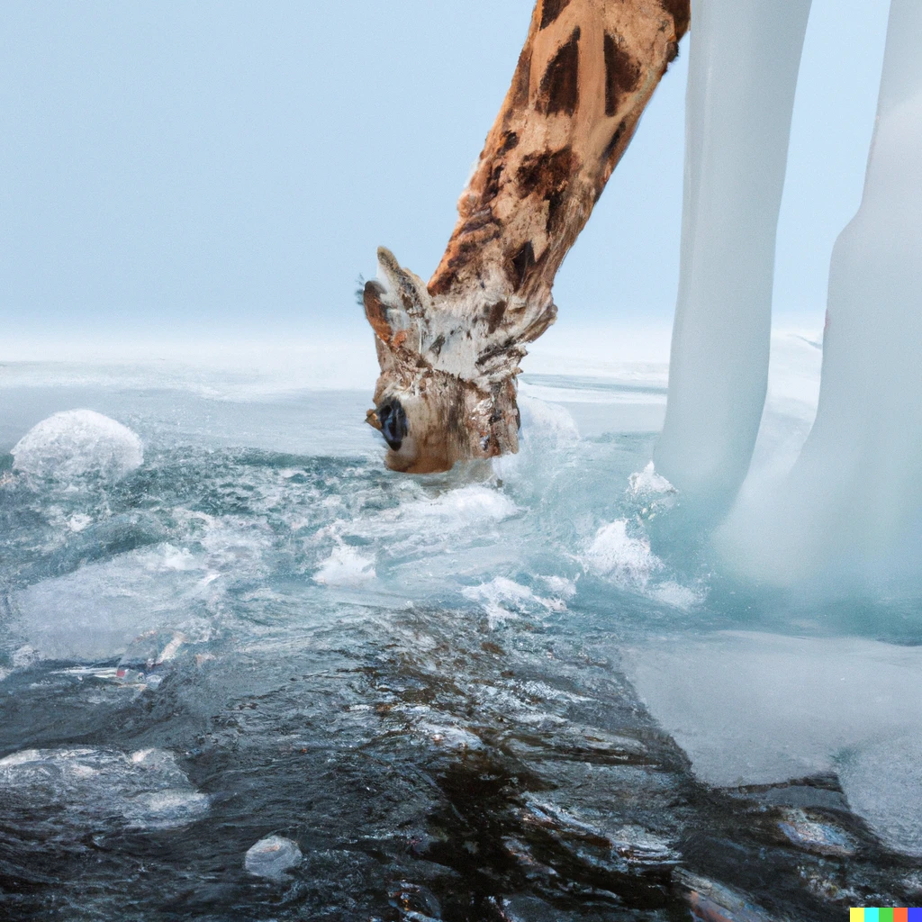 Prompt: Giraffe on thin ice fragment in arctic sea dips its head in sea and blows water bubbles, photo taken from ground