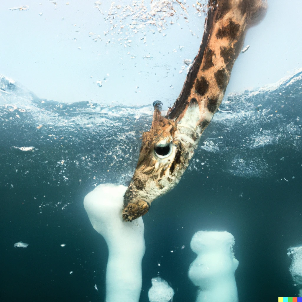Prompt: Giraffe on thin ice fragment in arctic sea dips its head in sea and blows water bubbles, photo taken from under water