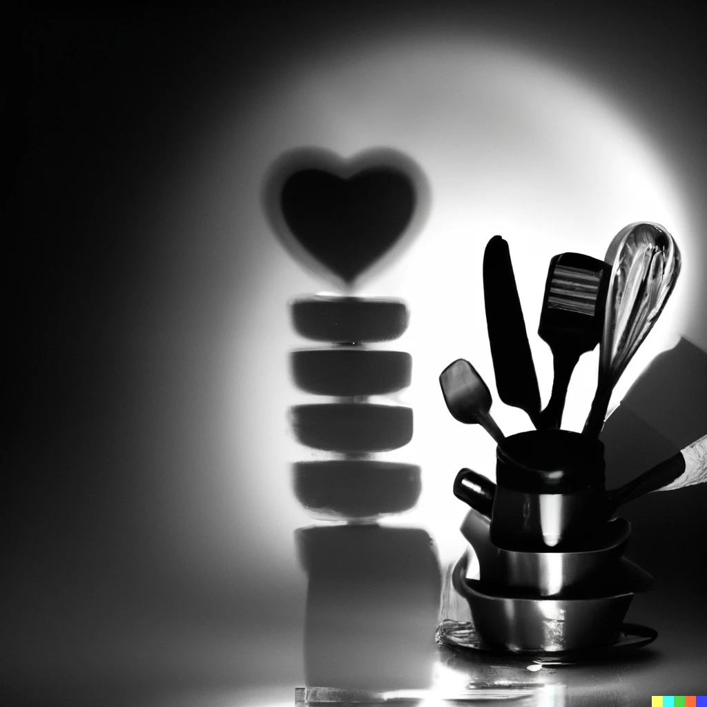 Prompt: Spotlight illuminates several stacked kitchen utensils and casts a heart-shaped shadow