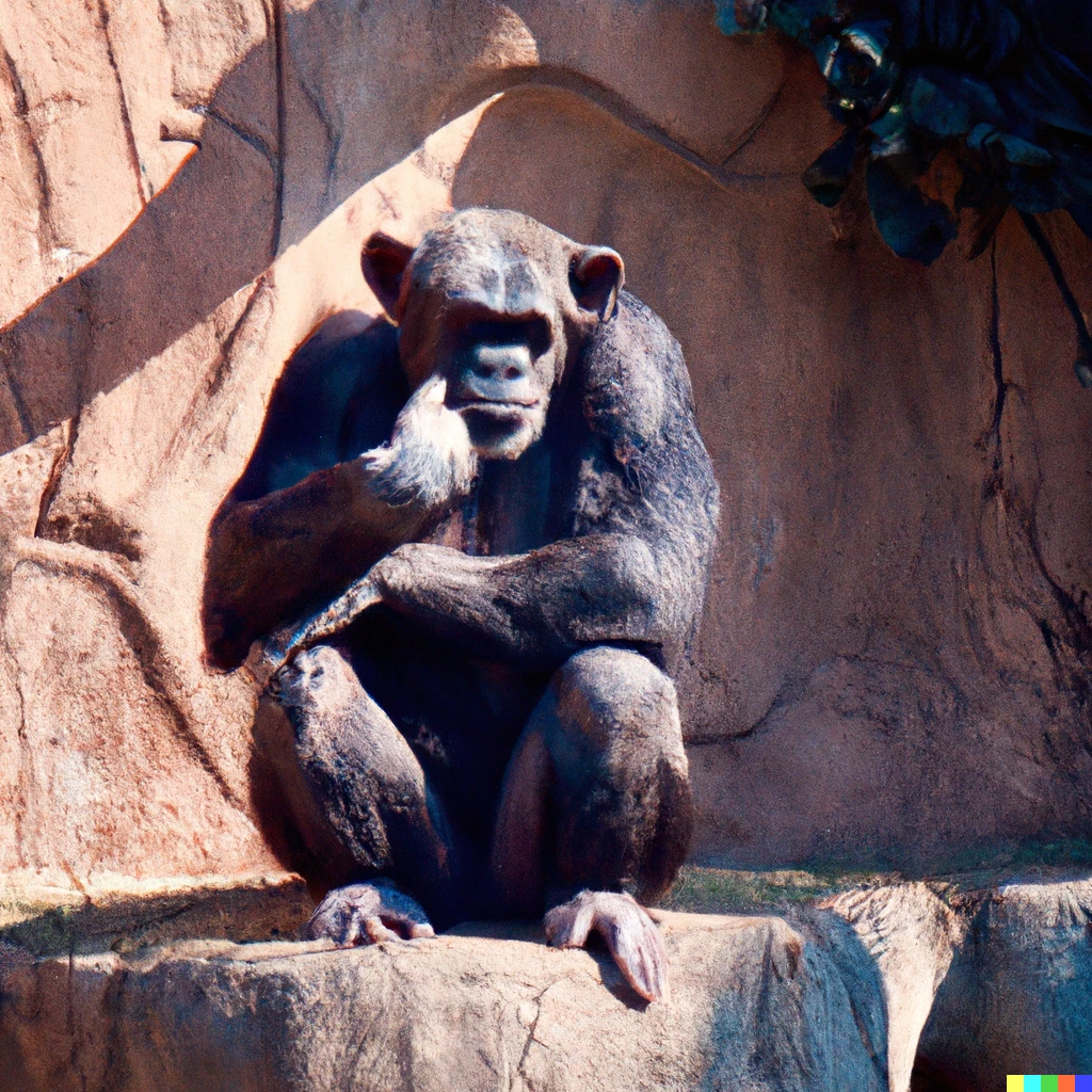 Prompt: “Chimpanzee imitating the position of the statue The Thinker of Auguste Rodin.”