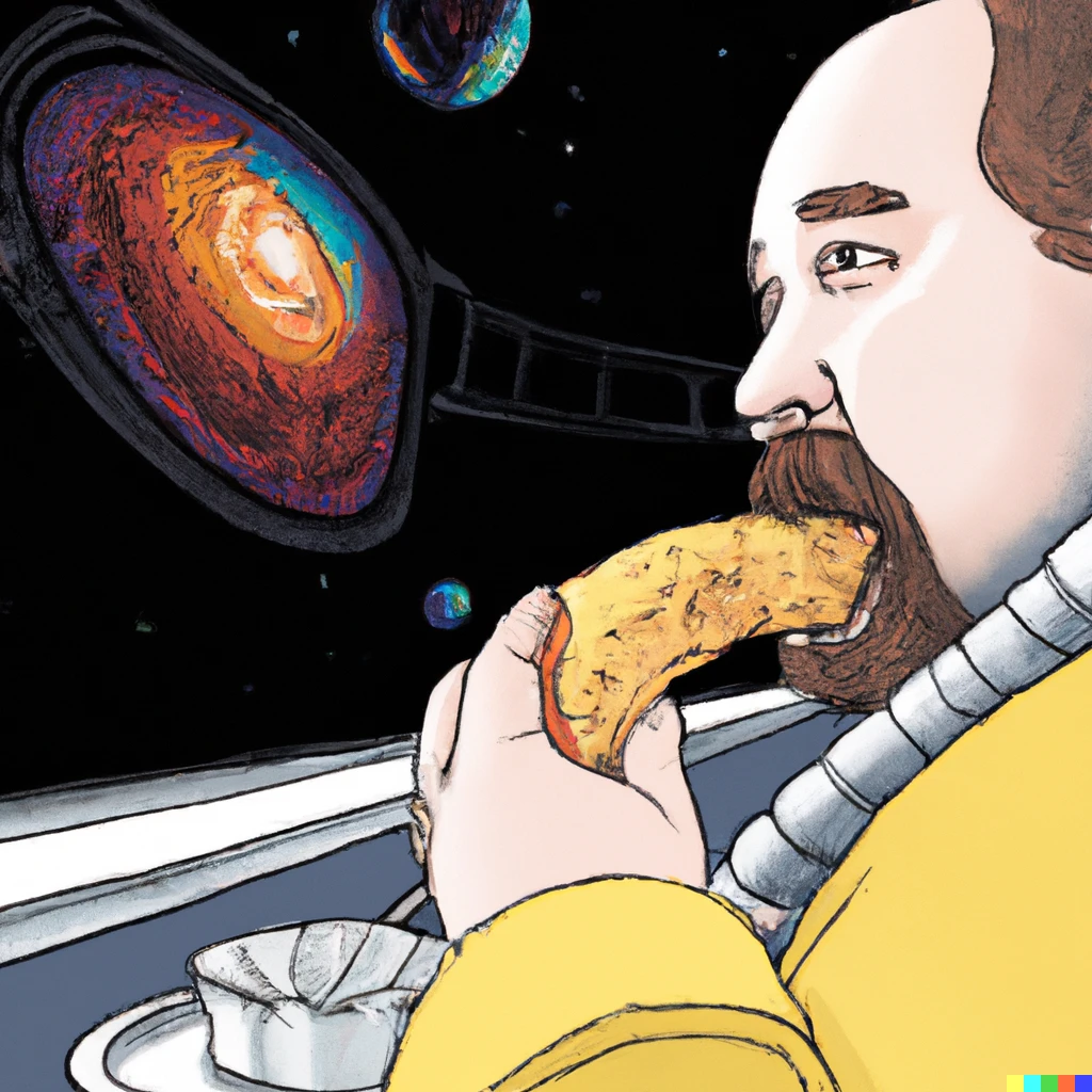 Prompt: John Scalzi eating a burrito on a space station