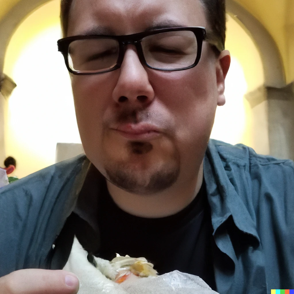 Prompt: John Scalzi eating a burrito in a church