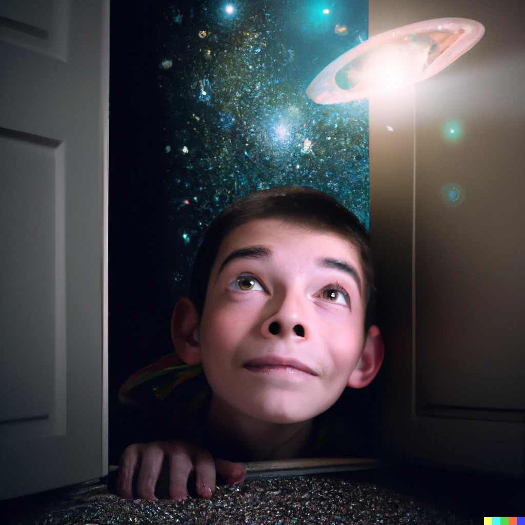 Prompt: A detailed photograph of a curious boy peeking from his room door to another universe.
