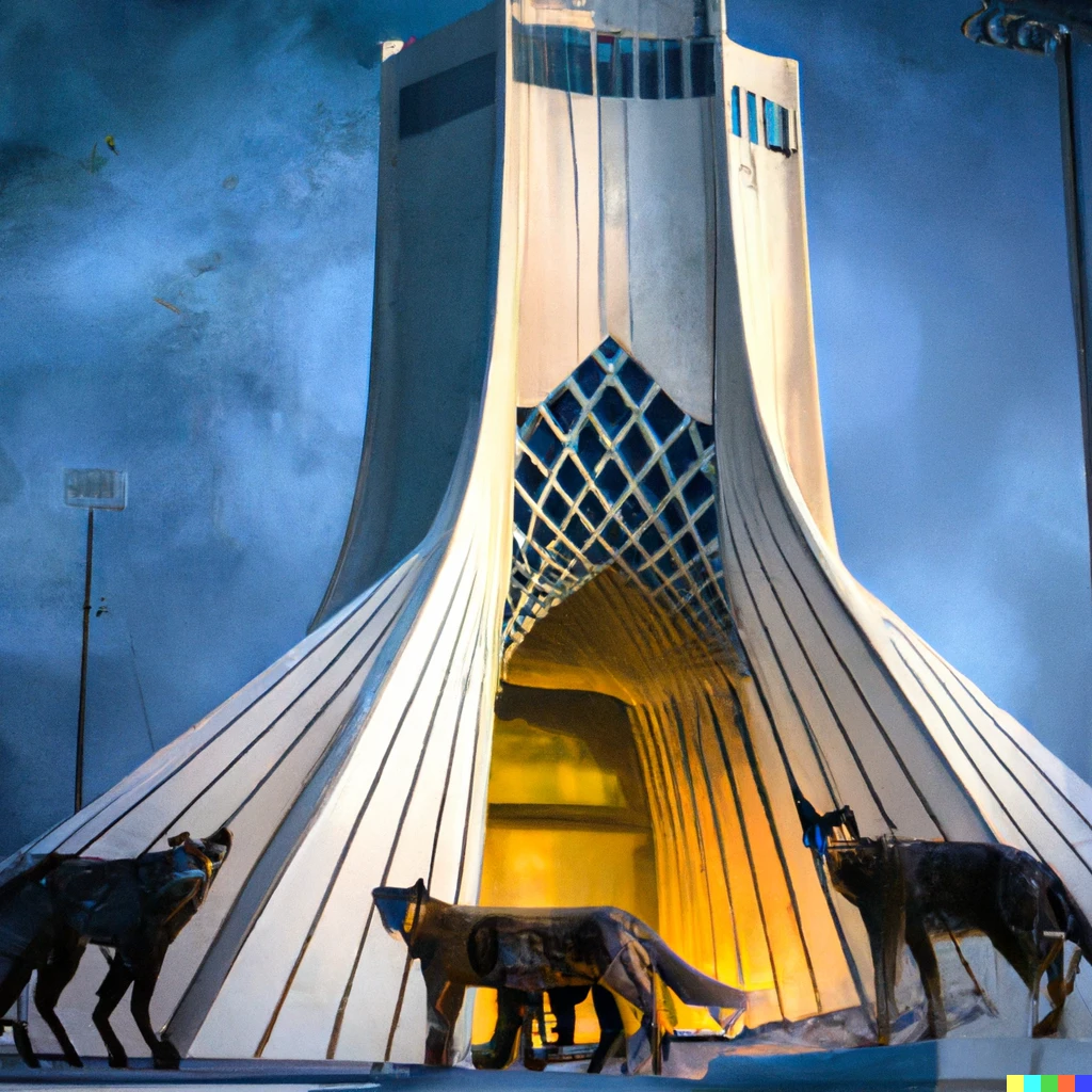 Prompt: Realistic painting of azadi tower in modern tehran Surround by wolves.