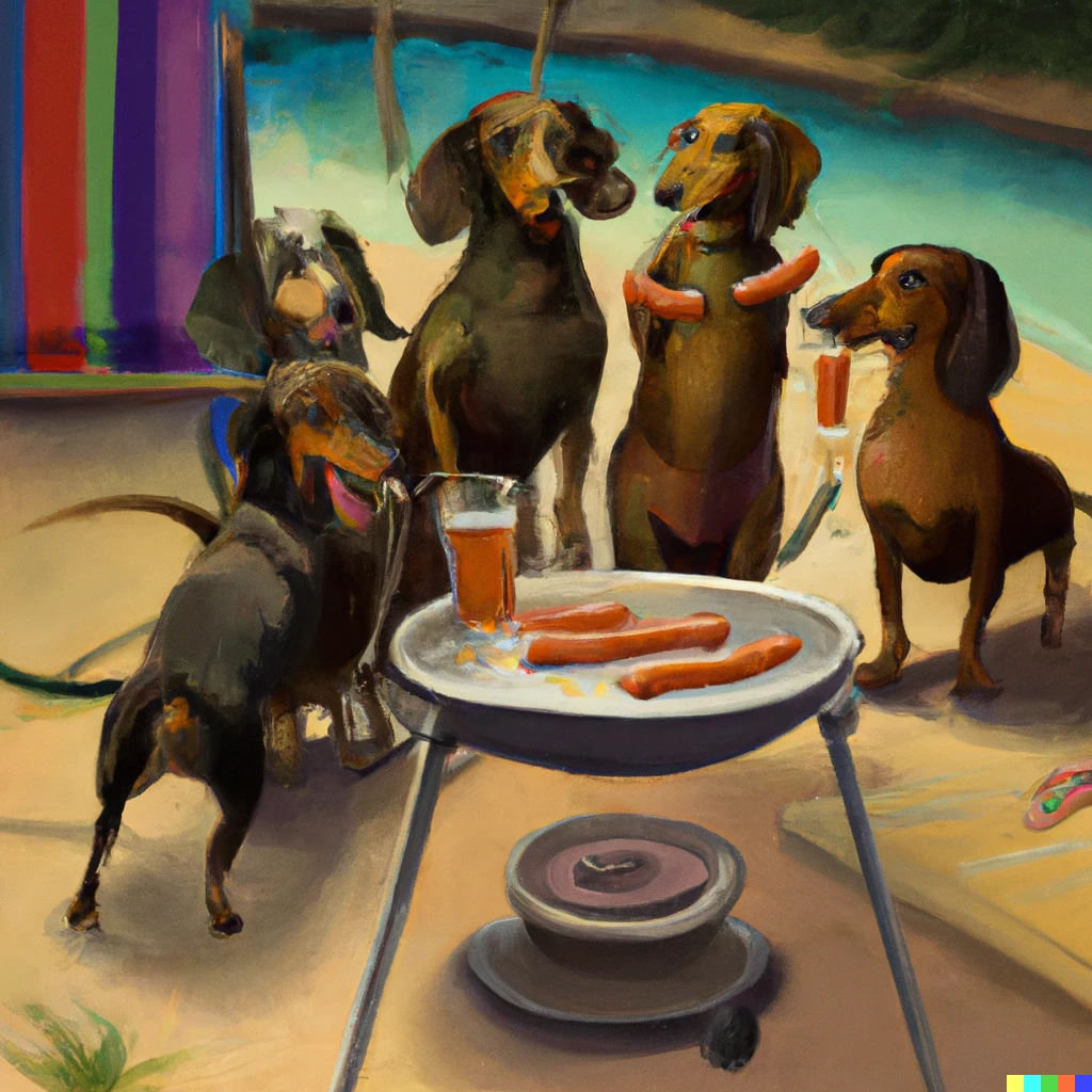Prompt: a group of dachshund partying beside a pool, having barbecue and drinking beer, pastel colour, digital art 
