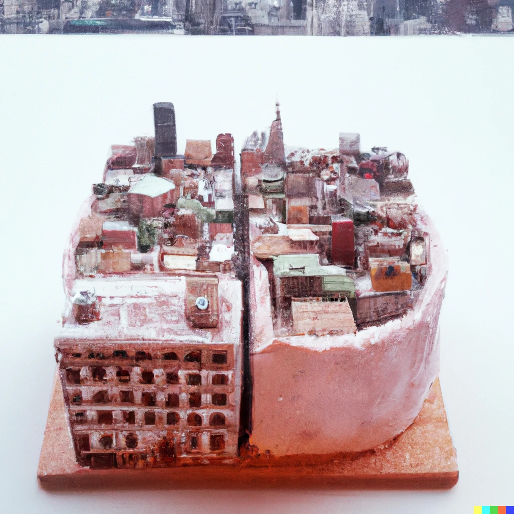 Prompt: A pastel looking city which turns out to be an edible cake