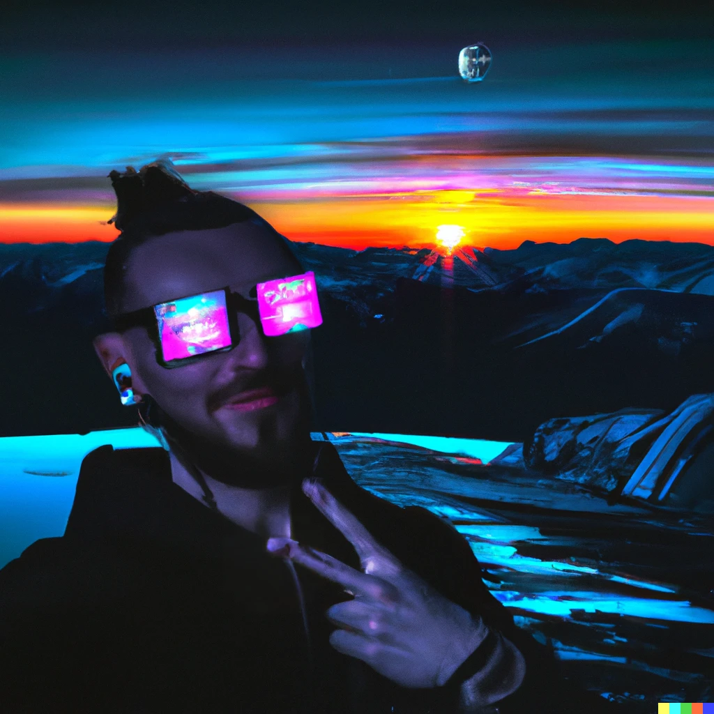 Prompt: Last selfie on earth, synthwave style