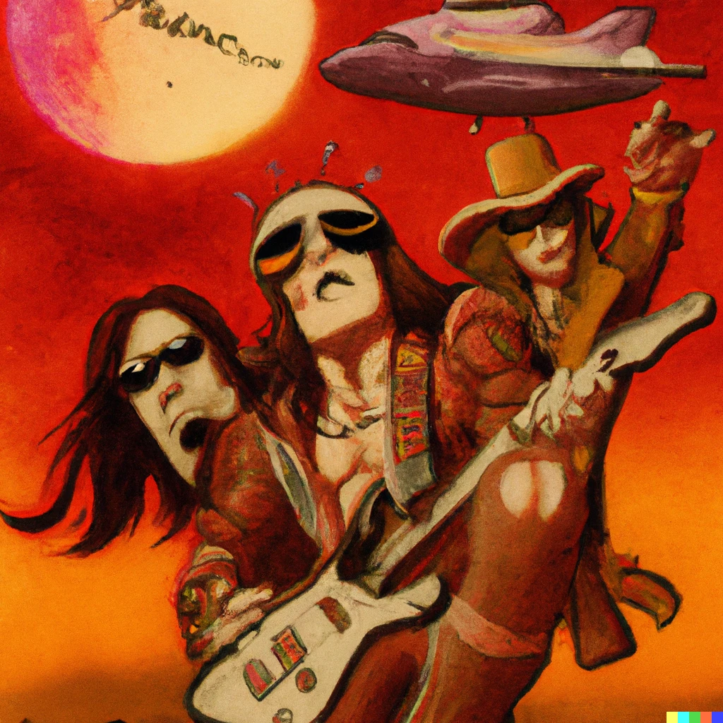 Prompt: Aerosmith playing a concert on Mars.