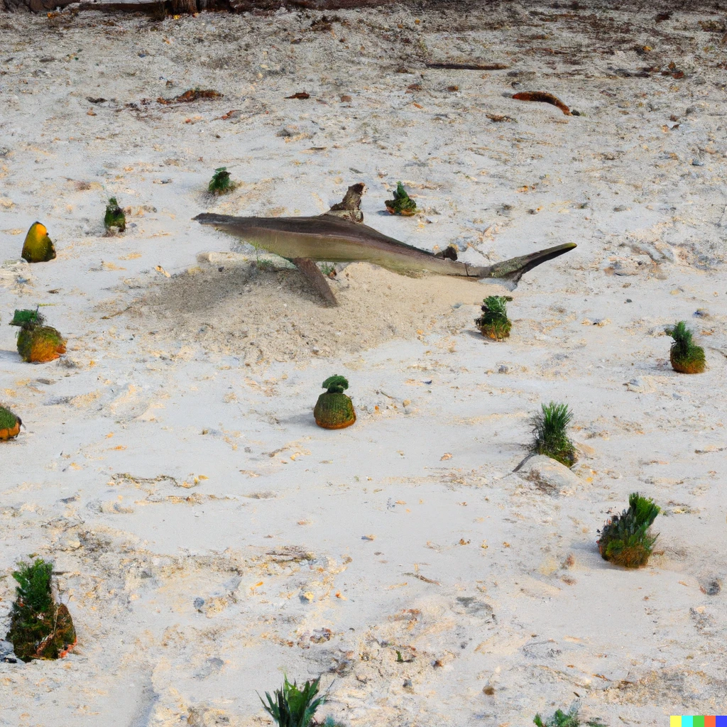 Prompt: A hammerhead shark on the surface of a beach with pineapples on the ground creating a sand castle