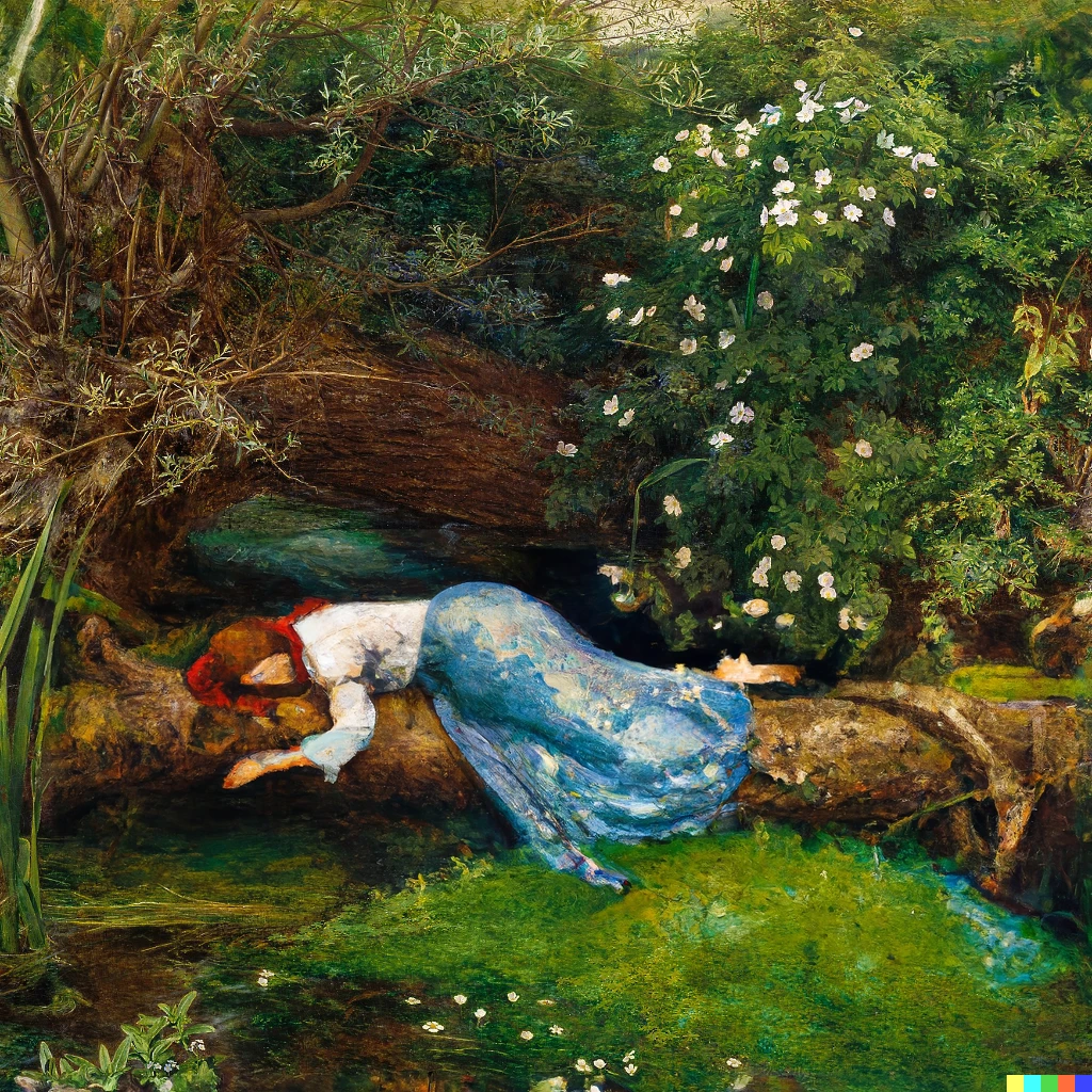 Prompt: A beautiful girl with a victorian era dress floating on a river with her eyes closed in the middle of a meadow, hyper realistic painting