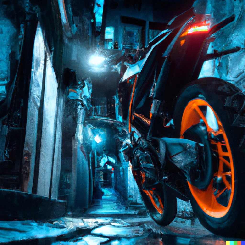 Prompt: A ktm motorcycle in a narrow cyberpunk street, photography