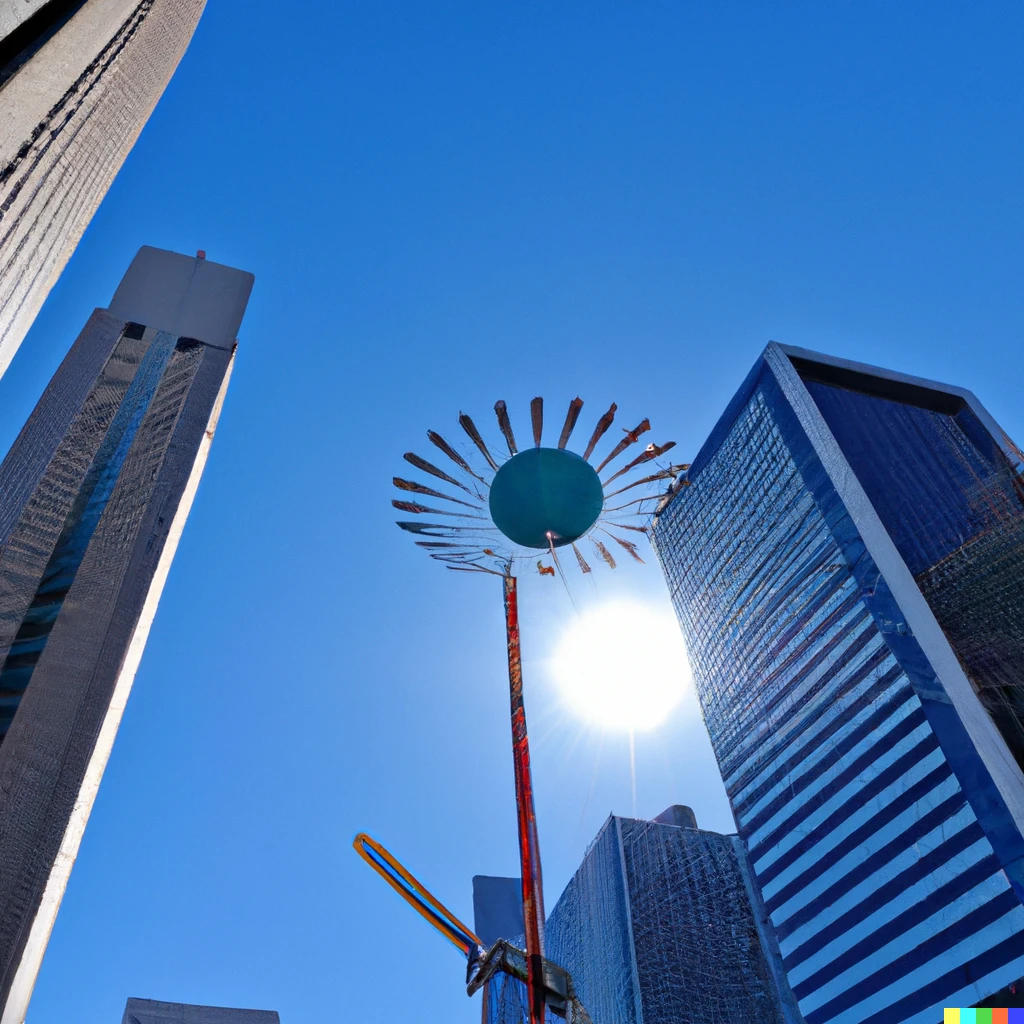 Prompt: 青空を背景に大阪のビル街の上を飛んでいるUFOを抽象画風に。