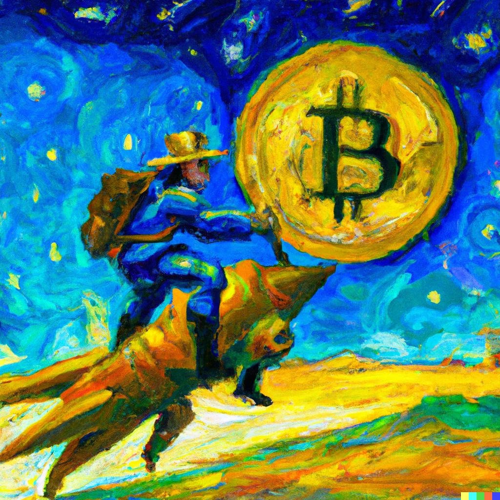 Prompt: a impressionist oil painting of a bitcoin warrior on a rocket flying to the moon in van gogh style