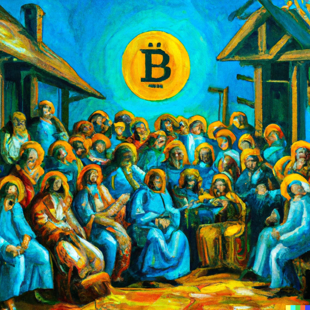 Prompt: An Van Gogh oil painting of bitcoin jesus cult