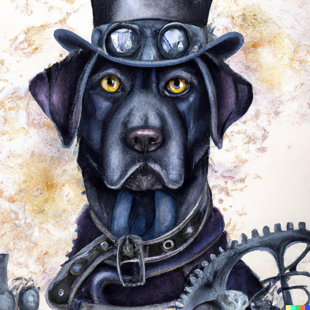 Prompt: watercolor painting of steampunk black labrador in the wild west