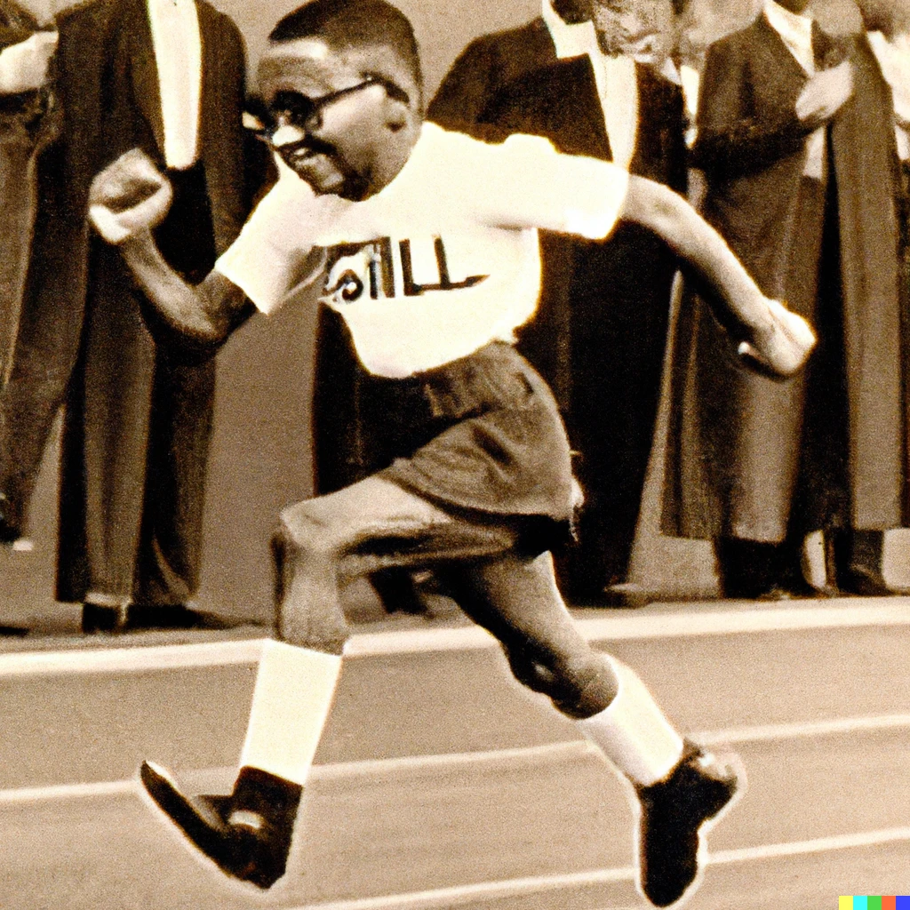 Prompt: pulitzer prize winning photograph of steve urkel winning the 100 meter dash