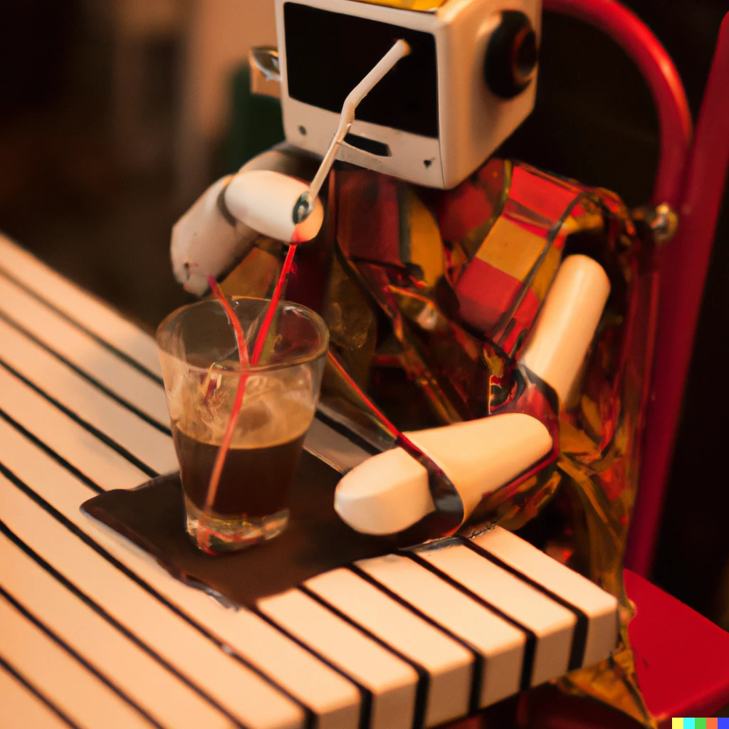 Prompt: a picture of a toy cloth robot sitting in a bar drinking coffee, Photography, realistic, high quality 