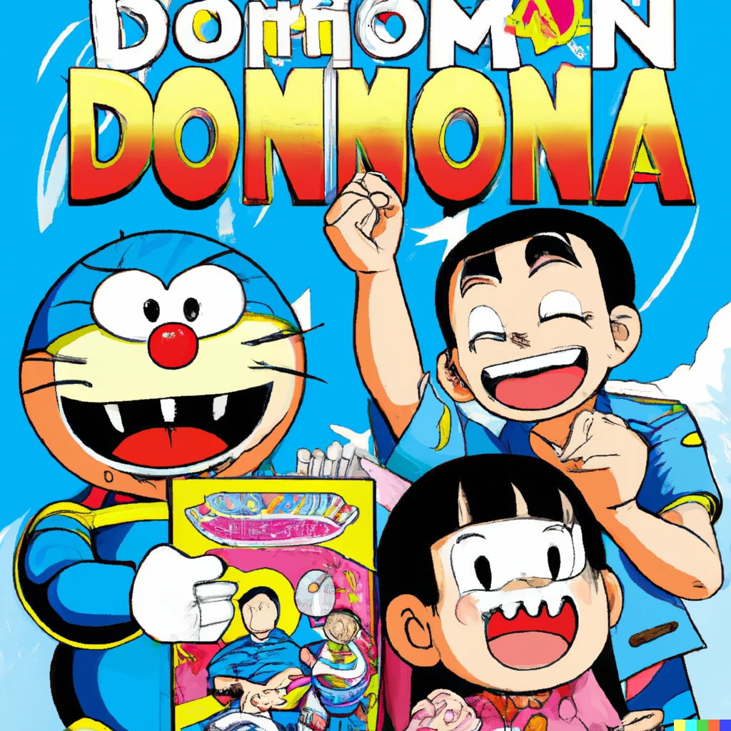 Prompt: Doraemon, Shinchan and Novita comic cover in Liefeld style 
