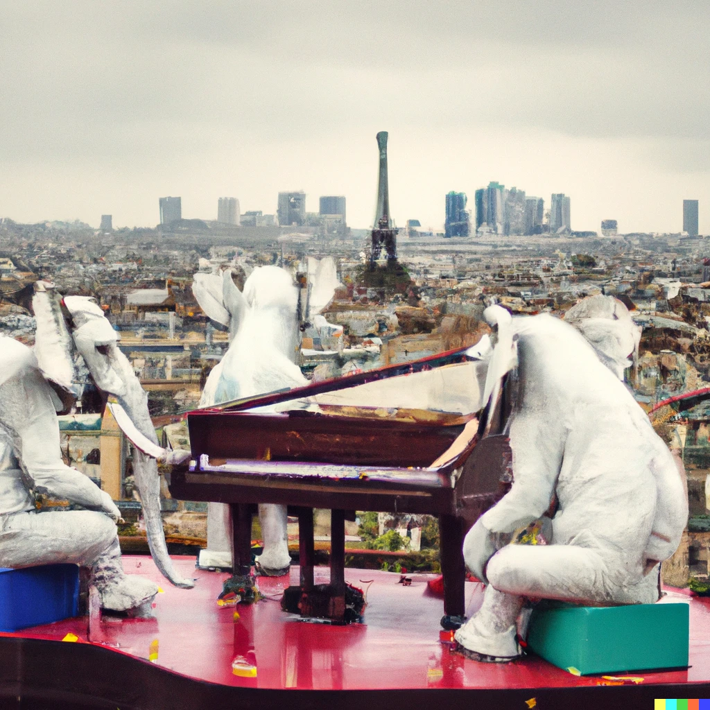 Prompt: Elephants playing piano on rooftops of Paris