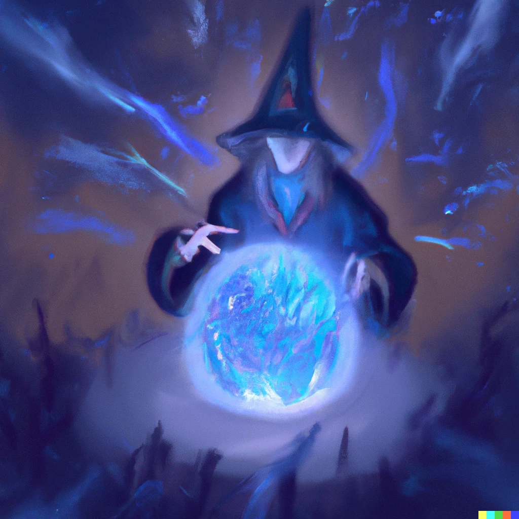 Prompt: A wizard's looking into an exploding crystal ball, digital art