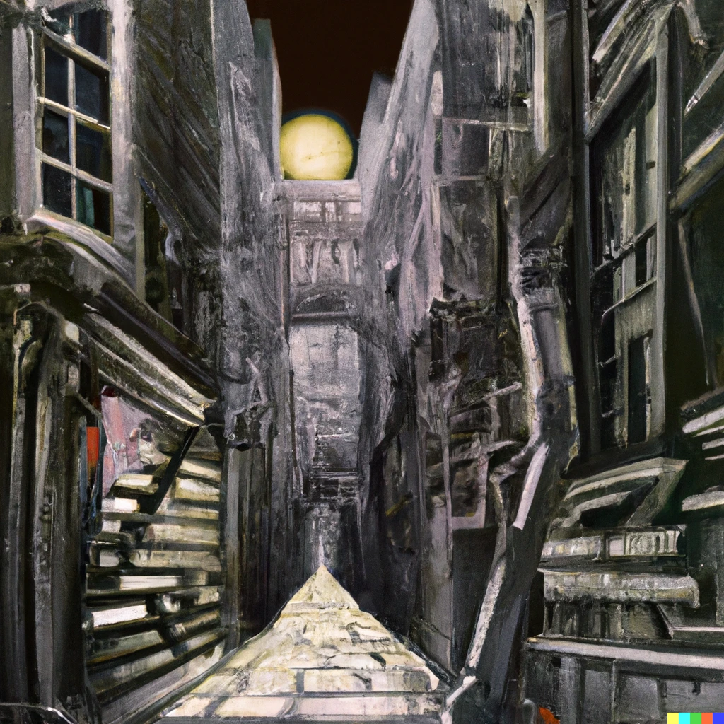 Prompt: a cubist painting of narrow lanes of old London backlight moonlight by H.R.Giger  |963
