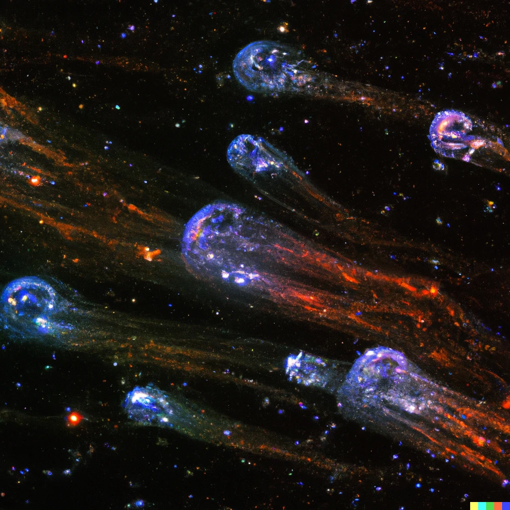 Prompt: Deep space rainbow jellyfishes captured by Webb telescope 