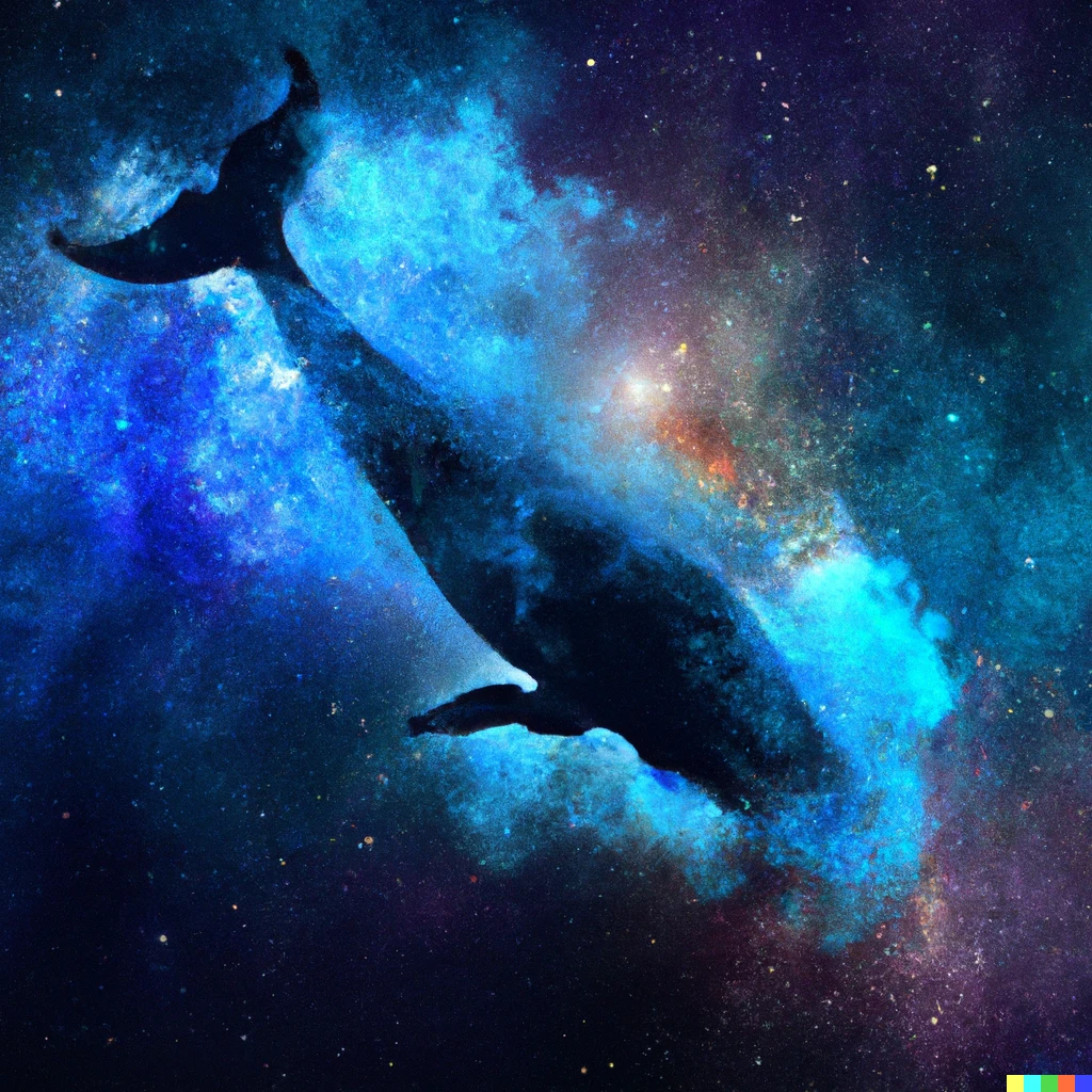 Prompt: A blue whale swimming trough a space nebula
