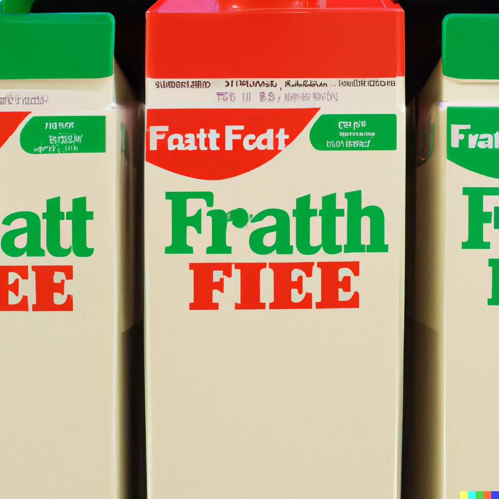 Prompt: Fat free half-and-half a supermarket shelf in a quart milk carton