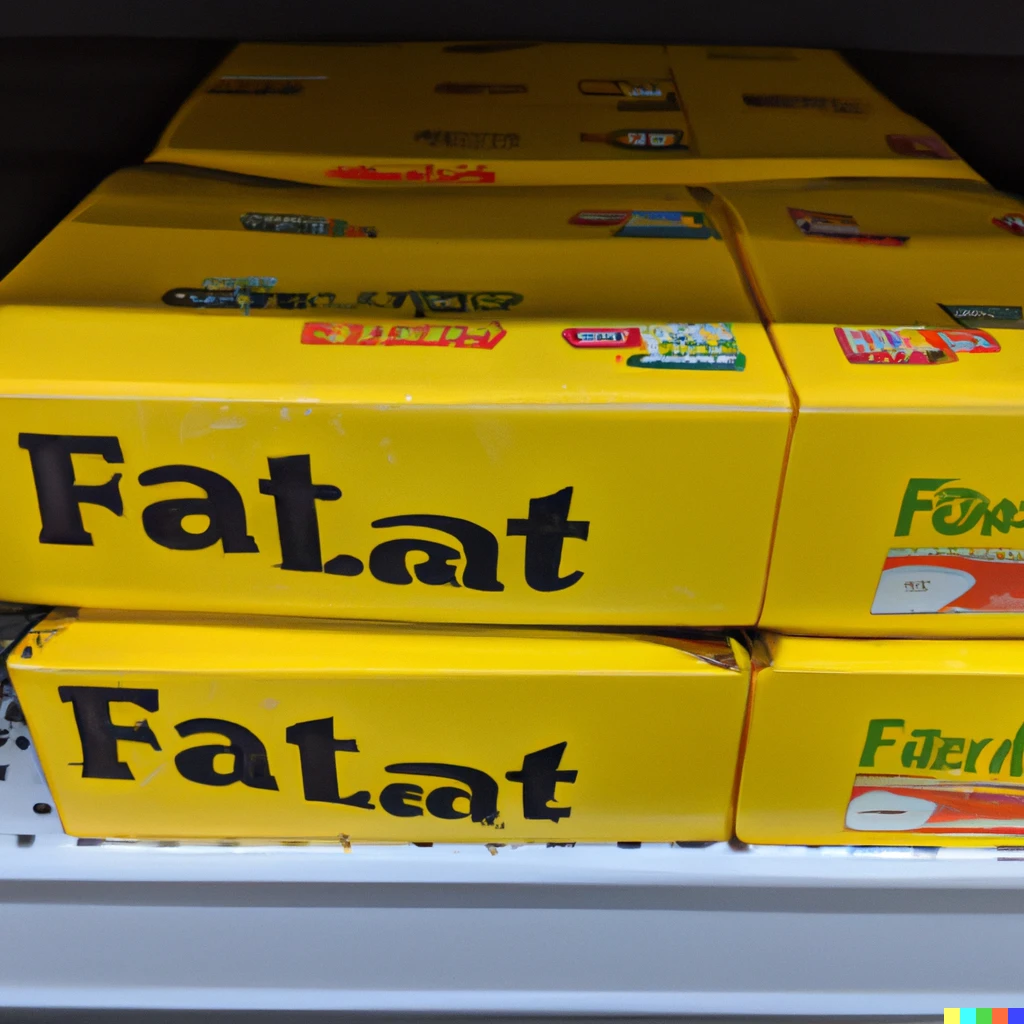 Prompt: A box of low fat fat on a supermarket shelf in a box
