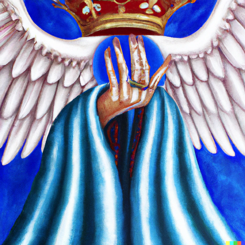 Prompt: Hand of God with crown, God with wings of bird, Religious painting