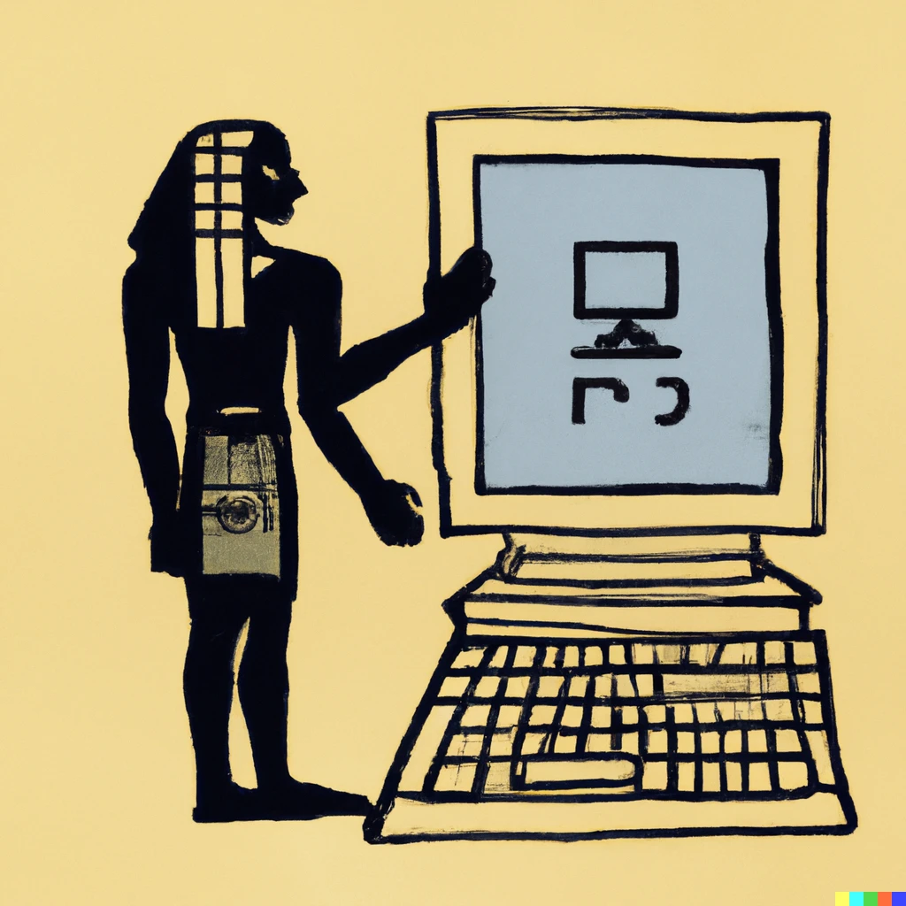 Prompt: Hieroglyphs depicting a pharaoh installing Windows 95 in an old computer. 