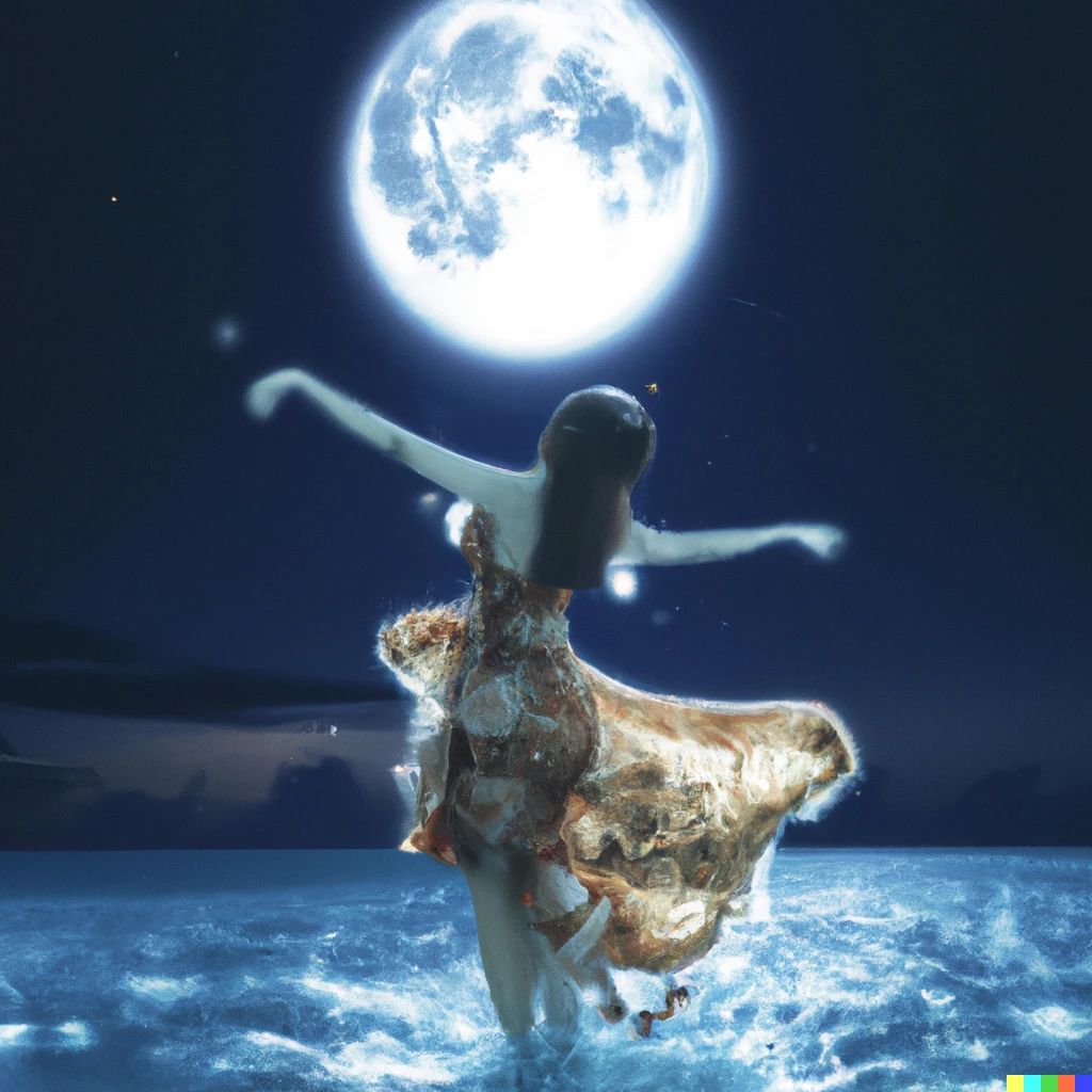 Prompt: oshino shinobu in see-through sundress dancing on the ocean during a bright full moon