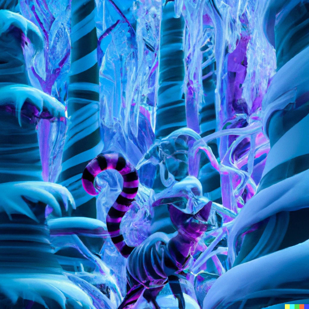 Prompt: 3d render cheshire cat in twisted ice forest