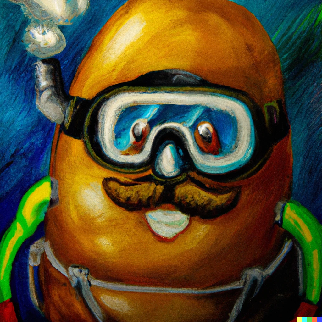 Prompt: oil painting of mr. potato head swimming underwater in scuba gear