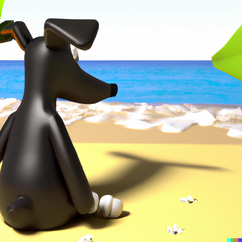Prompt: A dog sitting on the beach sad about the end of summer, 3-D model