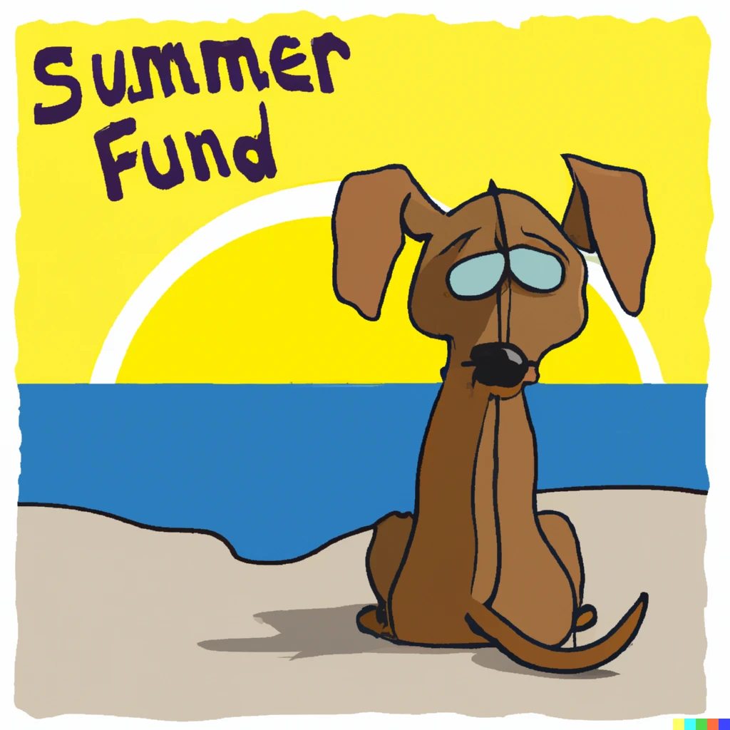 Prompt: A dog sitting on the beach sad about the end of summer, cartoon