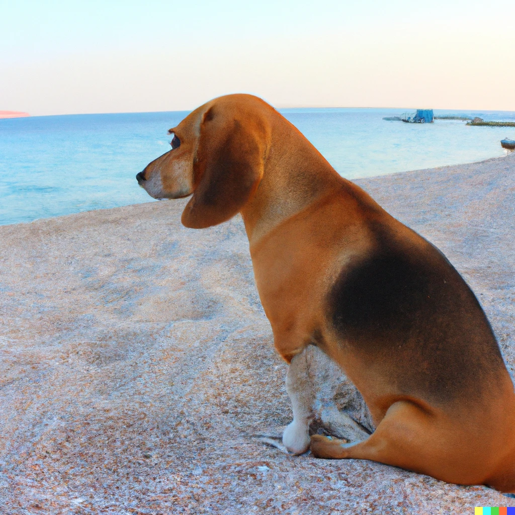 Prompt: A dog sitting on the beach sad about the end of summer