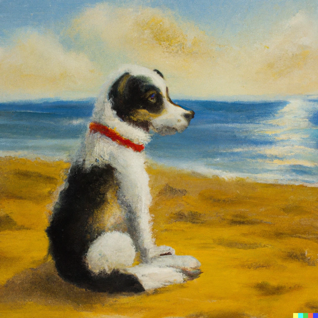 Prompt: A dog sitting on the beach sad about the end of summer, oil painting