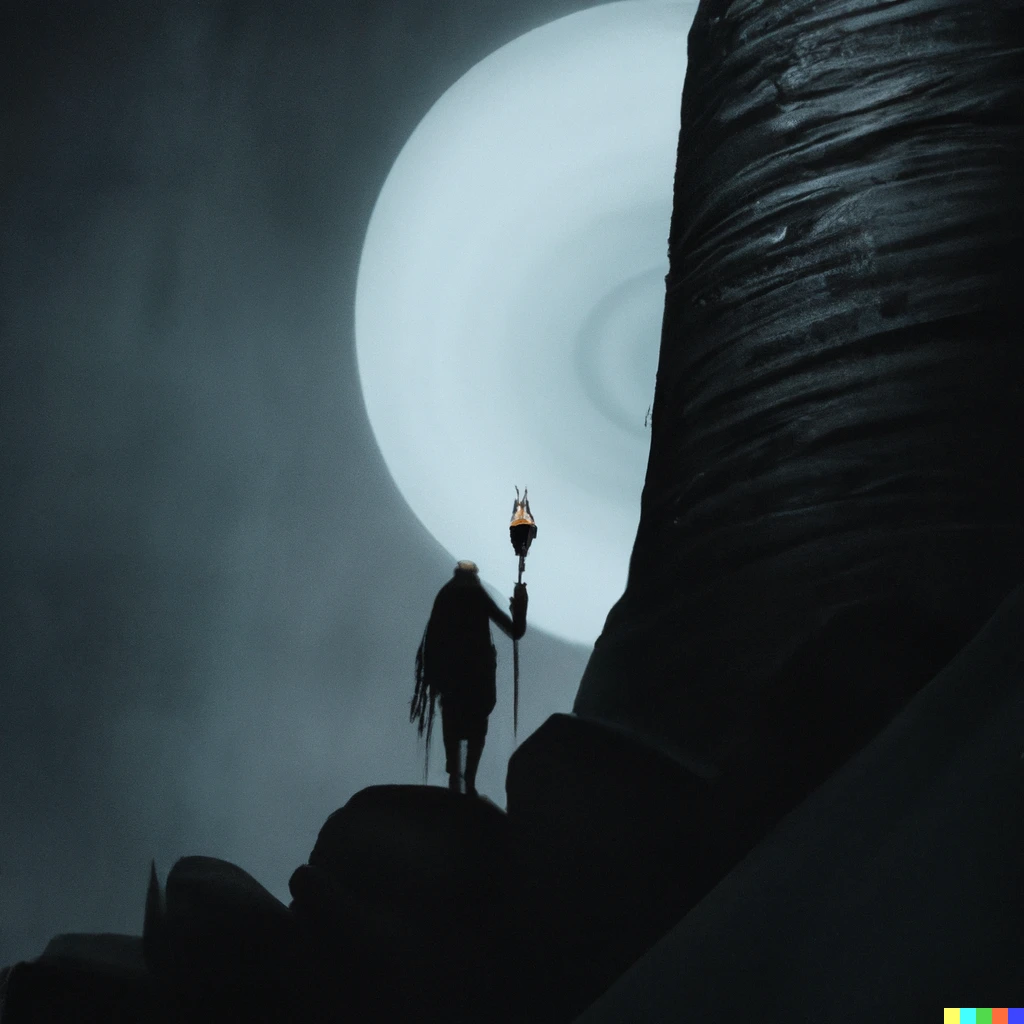 Prompt: trending on artstation, a silhouetted figure carrying a torch walking into a dark tall walled stone valley under a crescent moon
