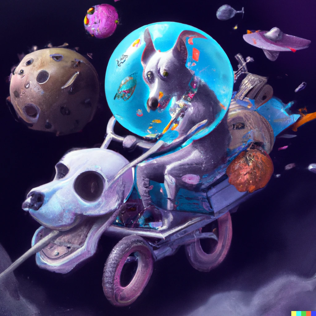 Prompt: A dog riding a bike in space carrying a skull in a colored spaceship, digital art