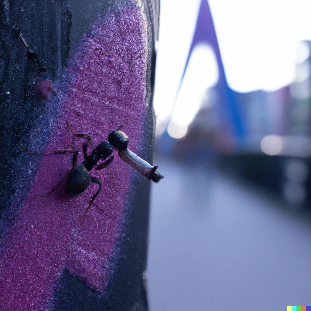 Prompt: a macro 35mm of a purple ant smoking in a bridge in Amsterdam, digital art