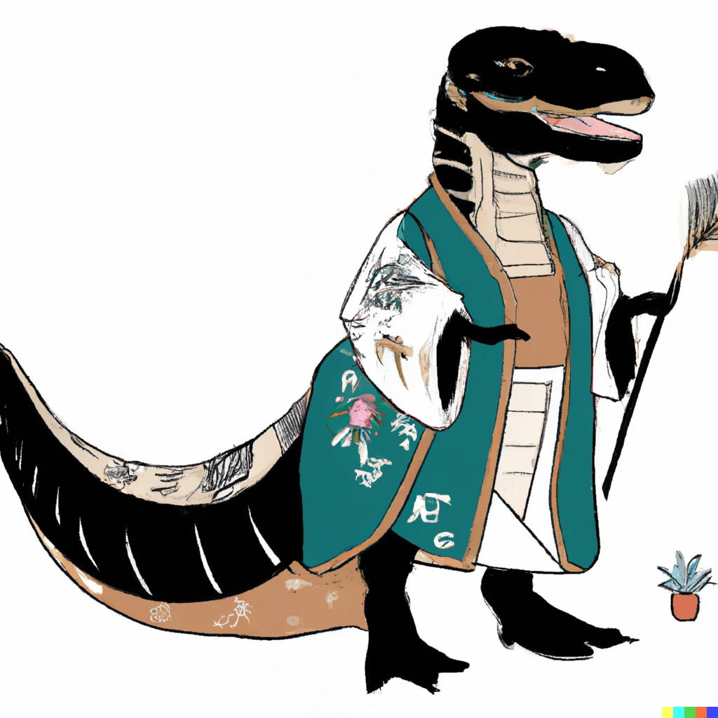 Prompt: a dinosaur in a kimono in ukiyo-e style