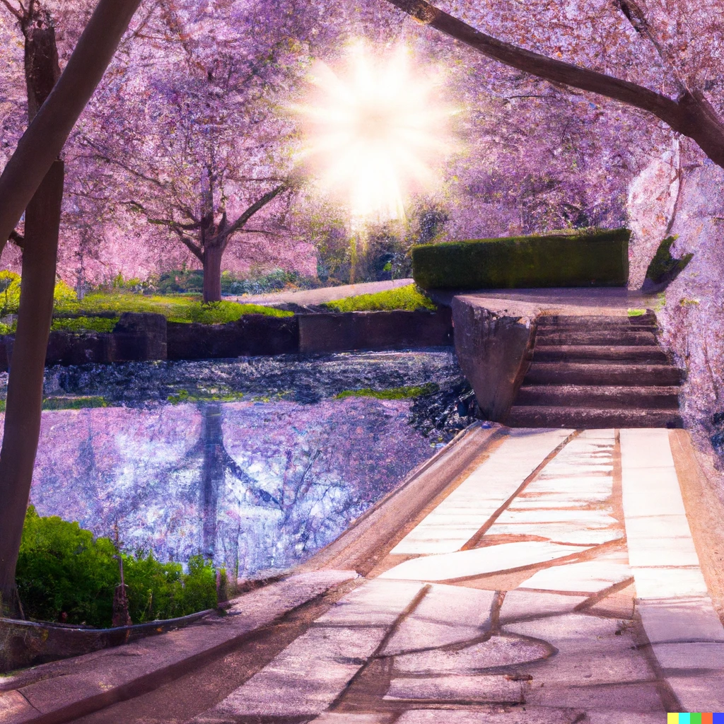 Prompt: Stone walkway in between row of Cherry blossom trees with falling flowers and African violets along the path. At end of walkway is a pond which is also gateway to another dimension with light shining down from solar eclipse.