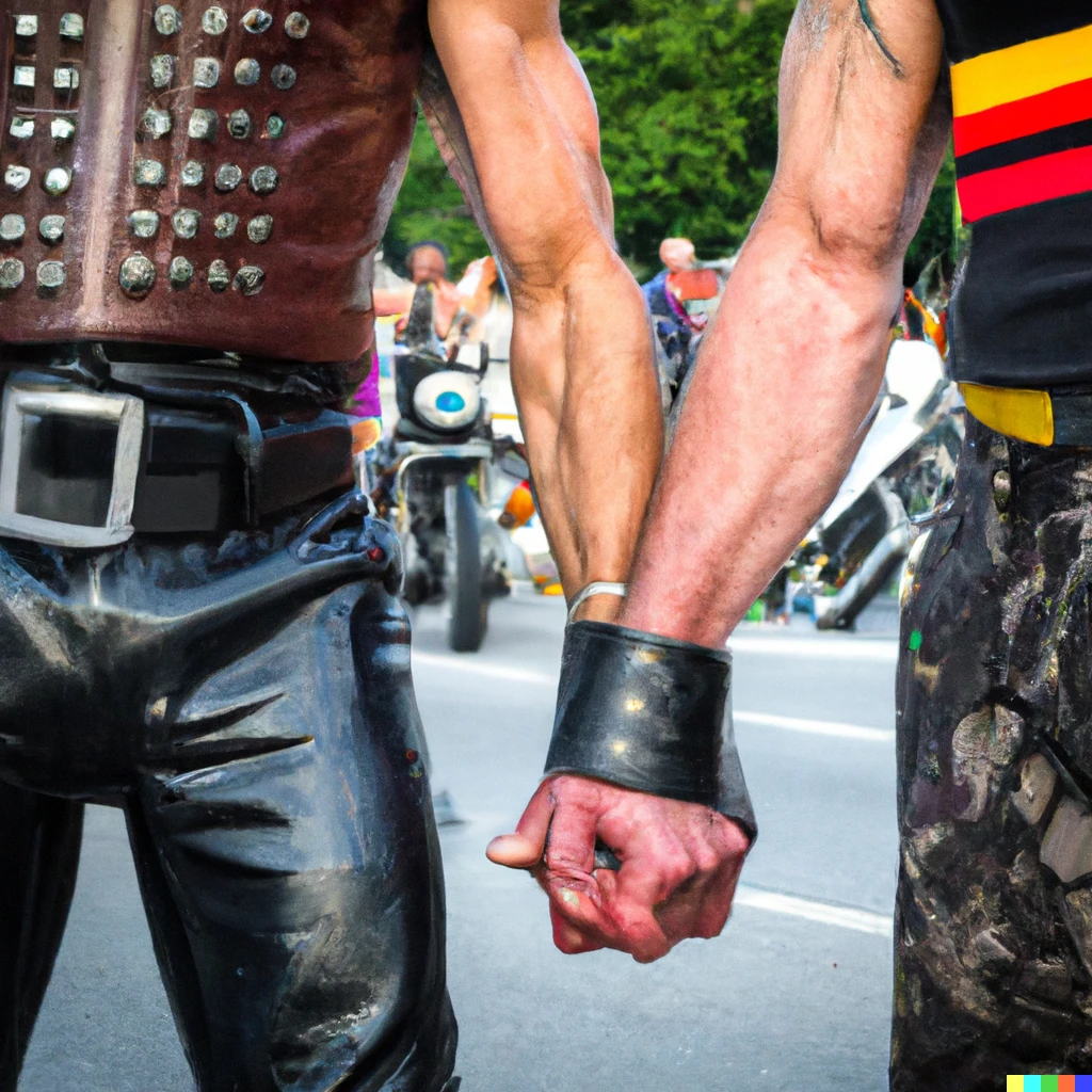 Prompt: An photo by Tom of Finland of two muscular men holding hands wearing biker gear and leather at a Gay Pride parade in Washington DC.