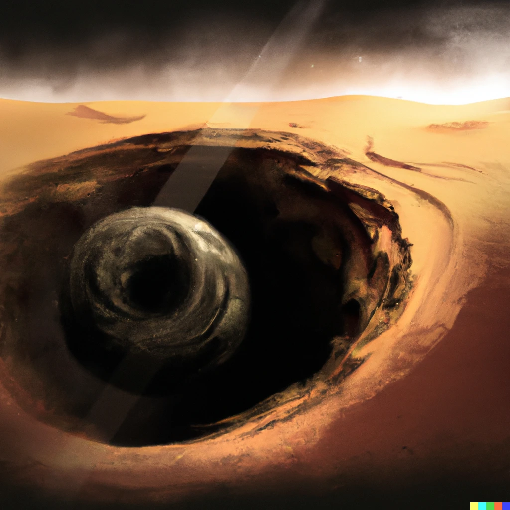 Prompt: Dune planet but it's getting wrecked by the SGT-A black hole, digital painting