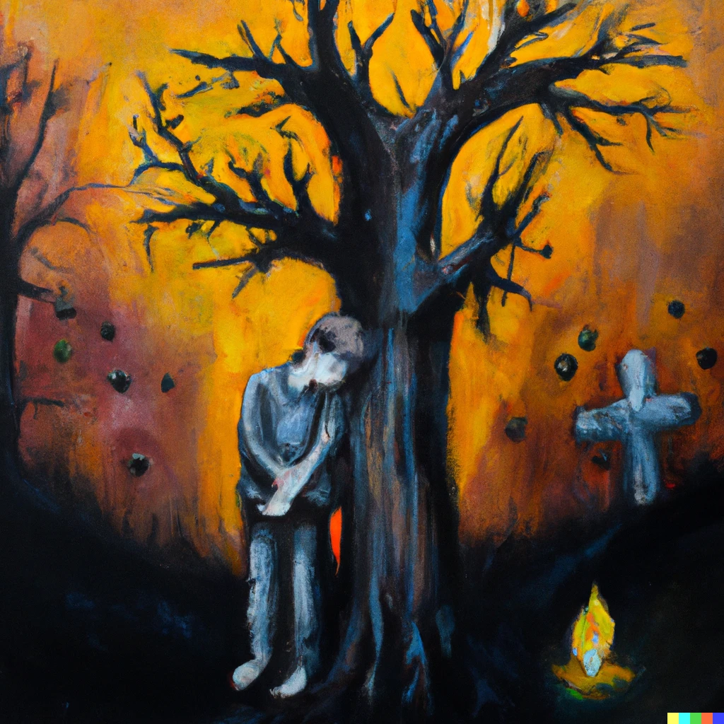 Prompt: inevitable death makes peace with a lonely boy, oil painting