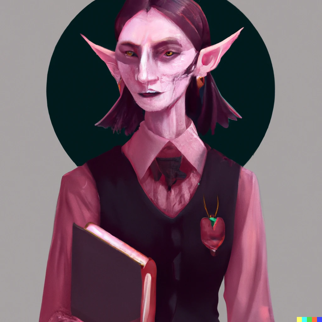 Prompt: a stern-looking fairy vampire dressed as a librarian, digital art
