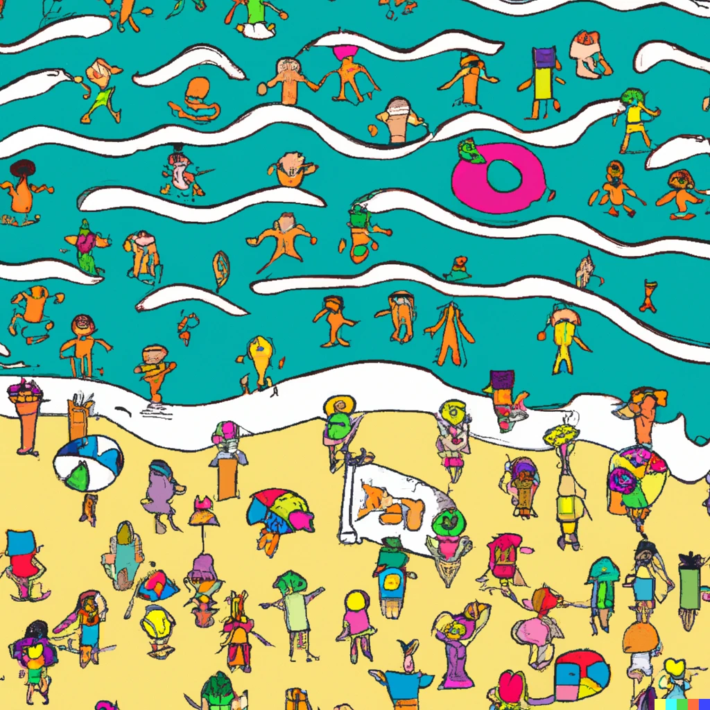 Prompt: a beach scene in the style of where's waldo