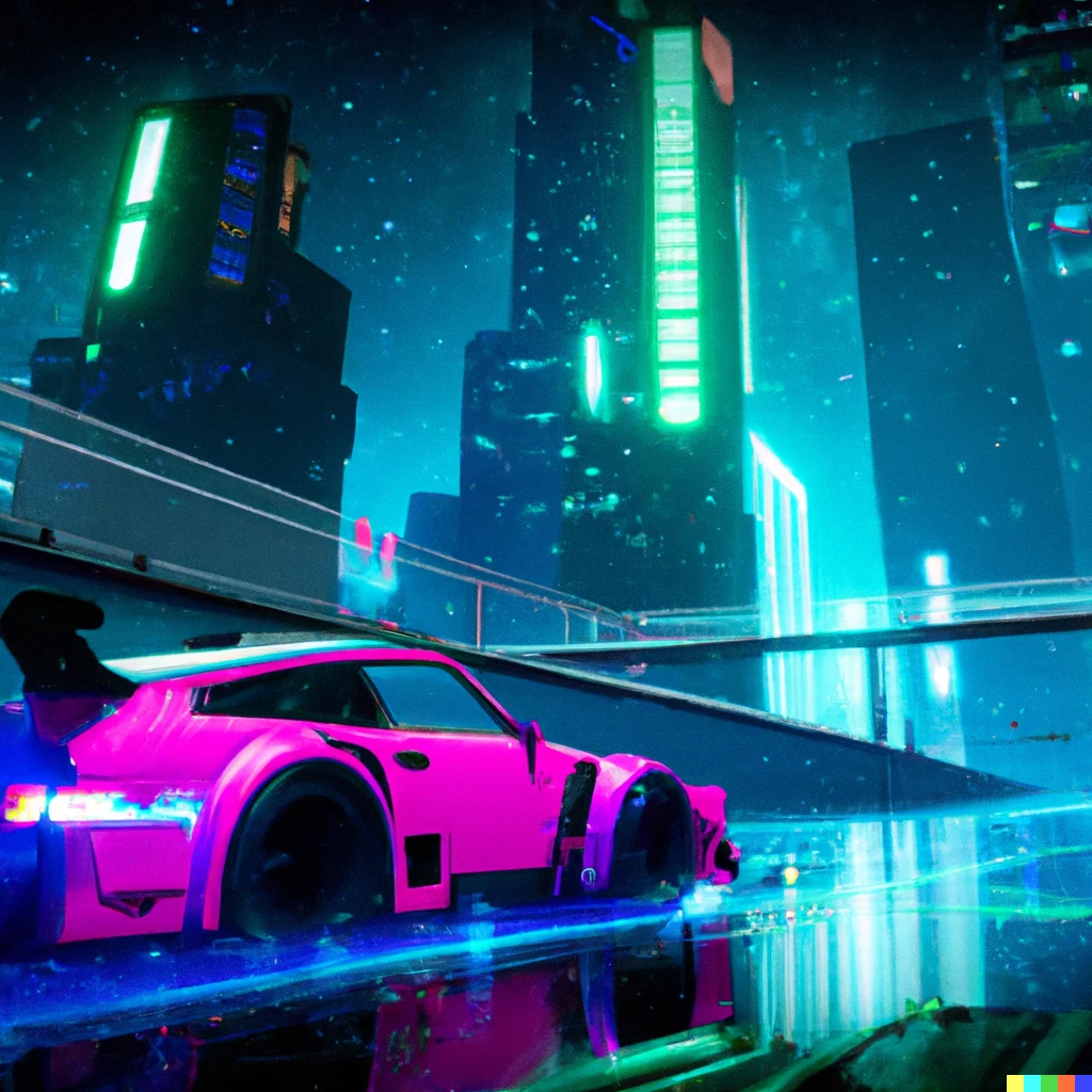 Prompt: a futuristic cyberpunk city wallpaper with a porsche 911 with neon lights, digital art